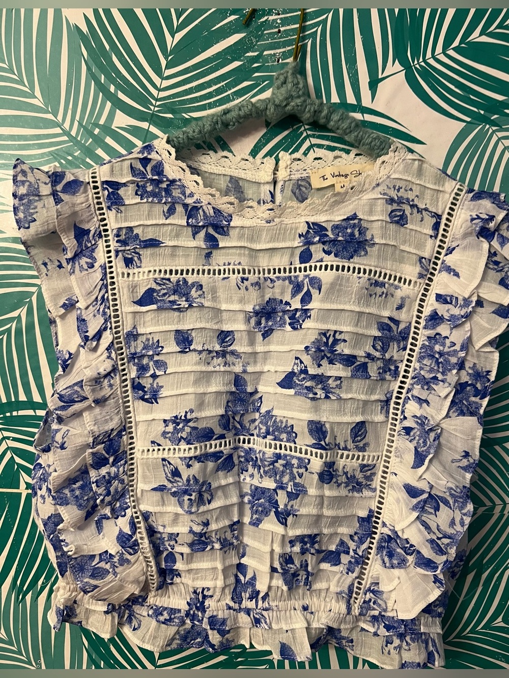 Blue & white Floral Ruffled cropped Blouse by The Vintage Shop Sz M